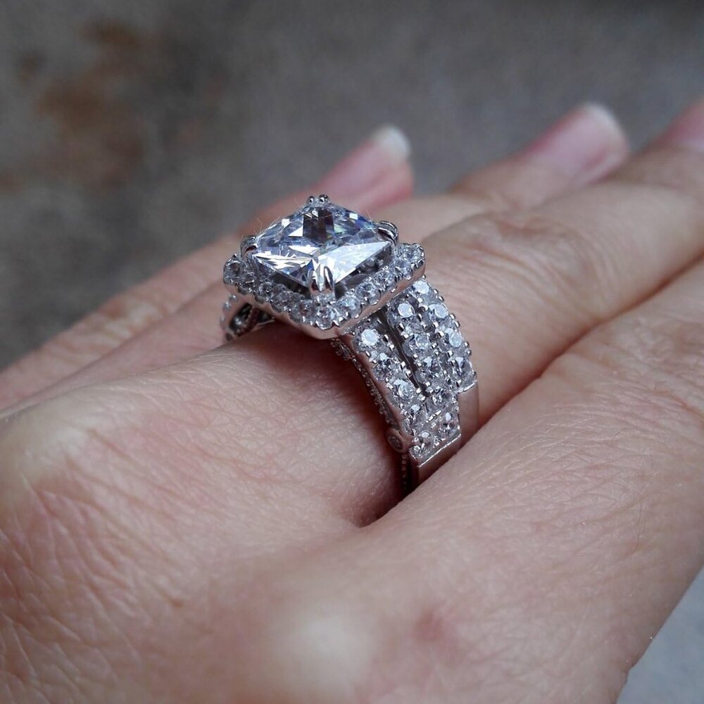 Princess Cut Engagement Ring Set Sterling Silver Cubic Zirconia Wedding